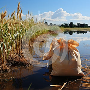 Jute sacks filled with rice and wheat with a plain background and organic agricultural rice fields