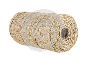 Jute skein isolated on white background. Jute twine close-up. Natural brown rope