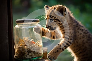 juvenile animal figuring out how to open a food container photo