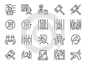 Juvenile crime icon set. It included delinquent, justice, law, crime, and more icons. Editable Vector Stroke.