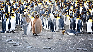 Funny Juvenile King Penguin and Penguin Chick in Front of Colony Trying Courtship Behavior, Salisbury Plain, South Georgia