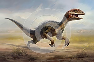 A juvenile Megaraptor sprinting across an open plain its powerful legs carrying it swiftly.. AI generation