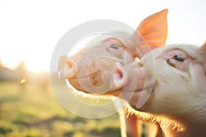 juvenile pigs snout-touching in sunlight