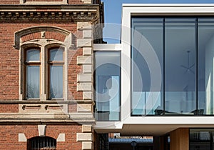 juxtaposition of architectural styles, with a historic brick building