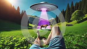 relaxed observer watches as a ufo beams up a cow, blending serene nature with the surreal