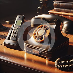 Old antique telephone sits next to modern cordless phone