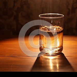 Juxtaposition Of Light And Shadow: A Glass Of Liquid On A Wooden Table