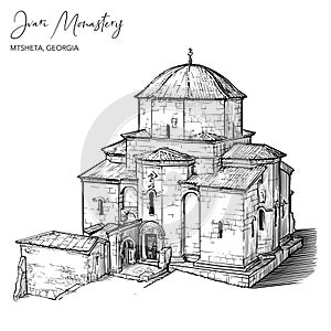 Jvari Monastery in Georgia Black and white drawing