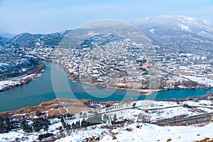 Jvari Monastery is one of the most famous place in Georgia. Top view of with Mtskheta town and the confluence of the Mtkvari and