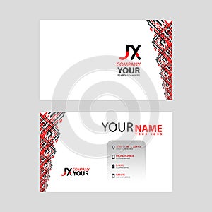 The JX logo on the red black business card with a modern design is horizontal and clean. and transparent decoration on the edges.