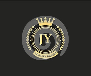 JY Initial Letter Gold calligraphic feminine floral hand drawn heraldic monogram antique vintage style luxury logo design Premium