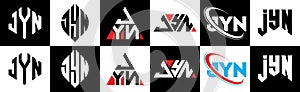 JYN letter logo design in six style. JYN polygon, circle, triangle, hexagon, flat and simple style with black and white color