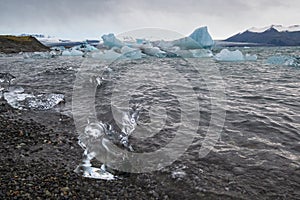 JÃ¶kulsÃ¡rlÃ³n glacial lake, lagoon with ice blocks, Iceland. Situated near the edge of the Atlantic Ocean at the head of the Brei