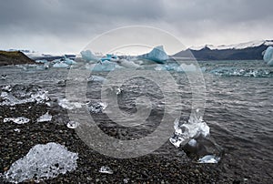 JÃ¶kulsÃ¡rlÃ³n glacial lake, lagoon with ice blocks, Iceland. Situated near the edge of the Atlantic Ocean at the head of the Brei