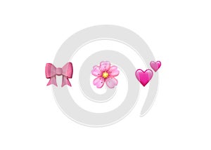 Emoji emoticon reactions color icon set : pink bow, Cherry Blossom, two hearts , vector isolated on white background photo