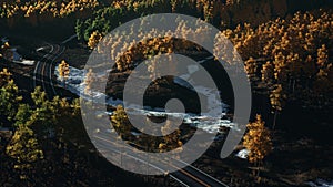 8k aerial panoramic landscape view of a scenic road in Canadian Mountains