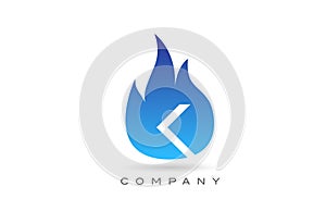 K blue fire flames alphabet letter logo design. Creative icon template for company and business