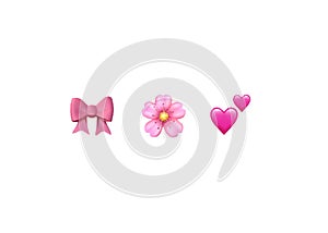 Emoji emoticon reactions color icon set : pink bow, Cherry Blossom, two hearts , vector isolated photo