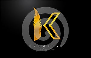 K Golden Gold Feather Letter Logo Icon Design With Feather Feathers Creative Look Vector Illustration