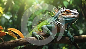 a green iguana with a blue head and green head photo