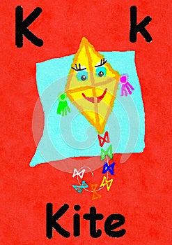 K is for kite. Learn the alphabet and spelling.