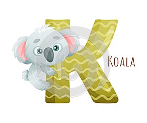 K letter and cute koala baby animal. Zoo alphabet for children education, home or kindergarten decor cartoon vector