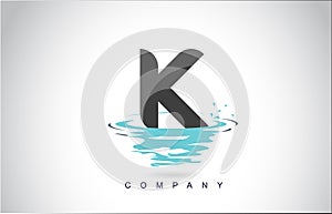 K Letter Logo Design with Water Splash Ripples Drops Reflection