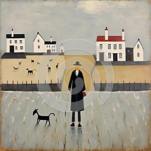 K Monk: A Charming Painting Of A Man And His Dog In The Style Of Gary Bunt