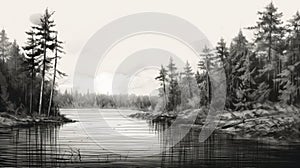 8k Resolution Black And White River Drawing With Pine Trees photo