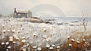 Snowy Field Of White Flowers In Romanticized Style photo