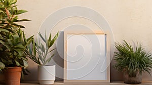 8k Resolution Poster Frame With Plants On Wooden Shelf photo