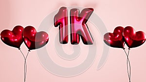 1k social media celebration background with inflated balloon texts and helium air balloons. photo