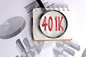401k text highlighted with magnifying glass on notepad and financial charts background