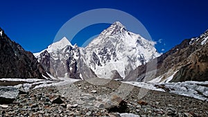 Beautiful K2 and Broad Peak from Concordia in the Karakorum Mountains PakistanMitre mountain peak at Concordia camp, K2 trek, Paki photo