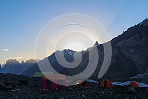 K2 base camp with karakorum range in background in the evening time photo