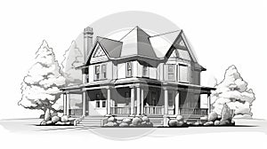 Victorian House Style Pencil Drawing Vector - Streamlined Design photo