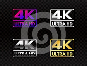 4K Ultra HD set on transparent background. High definition icon collection. UHD symbol in gold and silver. 4K resolution photo