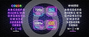 4K, 2k Ultra HD Video Resolution set neon signs vector design template. Video Quality neon design, light banner, design photo