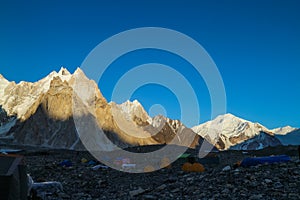 K2 base camp with karakorum range in background in the evening time