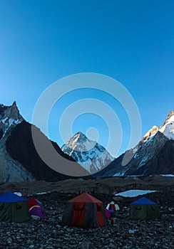 K2 base camp with karakorum range in background in the evening time