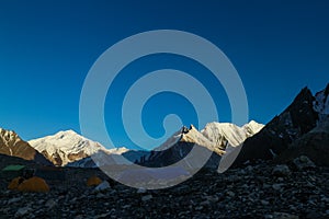 K2 base camp with karakorum range in background in the evening time