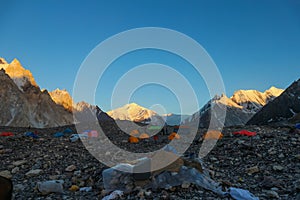 K2 base camp with karakorum range in background in the evening time