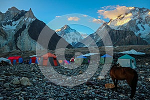 K2 base camp with karakorum range in background in the evening time