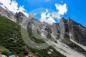 K2 base camp with karakorum range Laila Peak and Gondogoro Glacier
