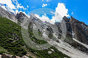 K2 base camp with karakorum range Laila Peak and Gondogoro Glacier