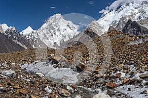 K2 mountain with snow on top and Baltoro glacier, K2 trek, Pakistan