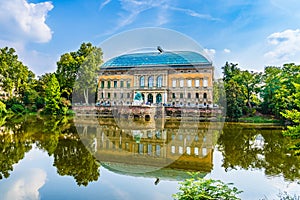 The K21 Standehaus art museum by the lake with water reflections in Dusseldorf, North Rhine Westphalia, Germany