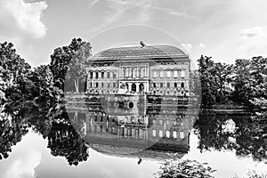 The K21 Standehaus art museum by the lake with water reflections in Dusseldorf, North Rhine Westphalia, Germany in black and white