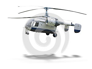 KA-26 russian double rotor helicopter isolated on white background with shadow