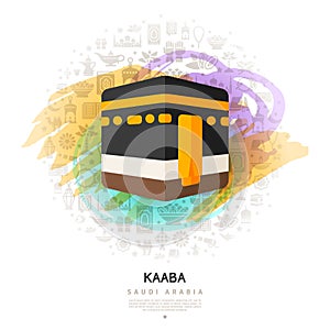 Kaaba icon on colorful watercolor background